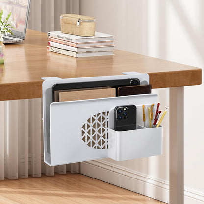 Desk Side Storage, Metal Laptop Holder with Magnetic Pen Box, Clamp-On Under Desk Organizer with Cooling Holes & Anti-Scratch Pads for Office and Home (White)