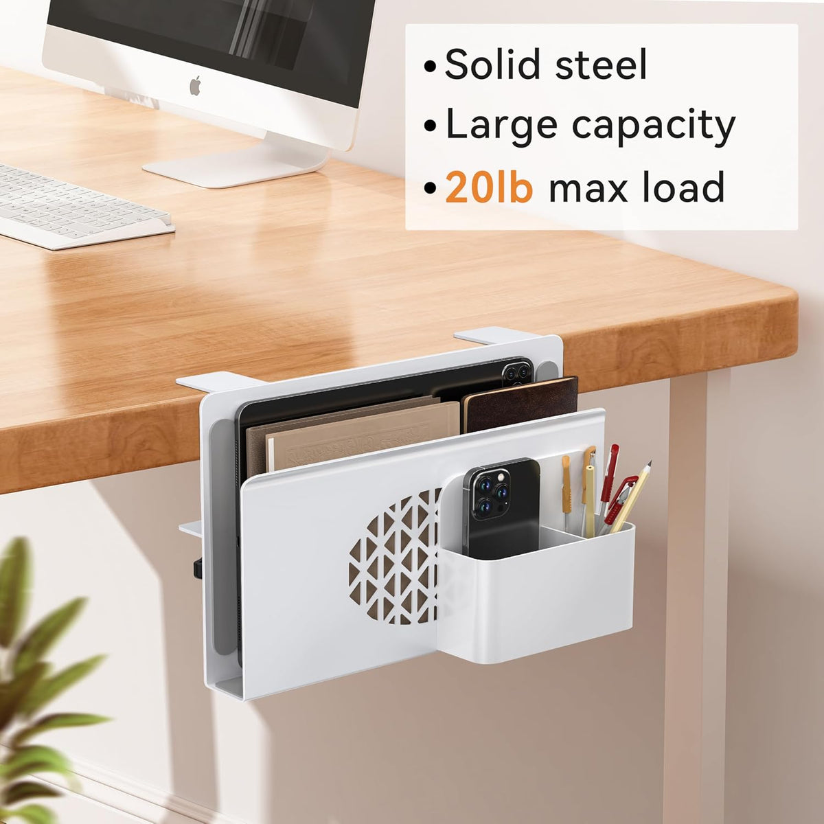 Desk Side Storage, Metal Laptop Holder with Magnetic Pen Box, Clamp-On Under Desk Organizer with Cooling Holes & Anti-Scratch Pads for Office and Home (White)