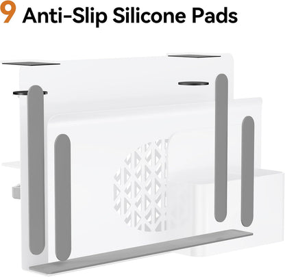 Desk Side Storage, Metal Laptop Holder with Magnetic Pen Box, Clamp-On Under Desk Organizer with Cooling Holes & Anti-Scratch Pads for Office and Home (White)