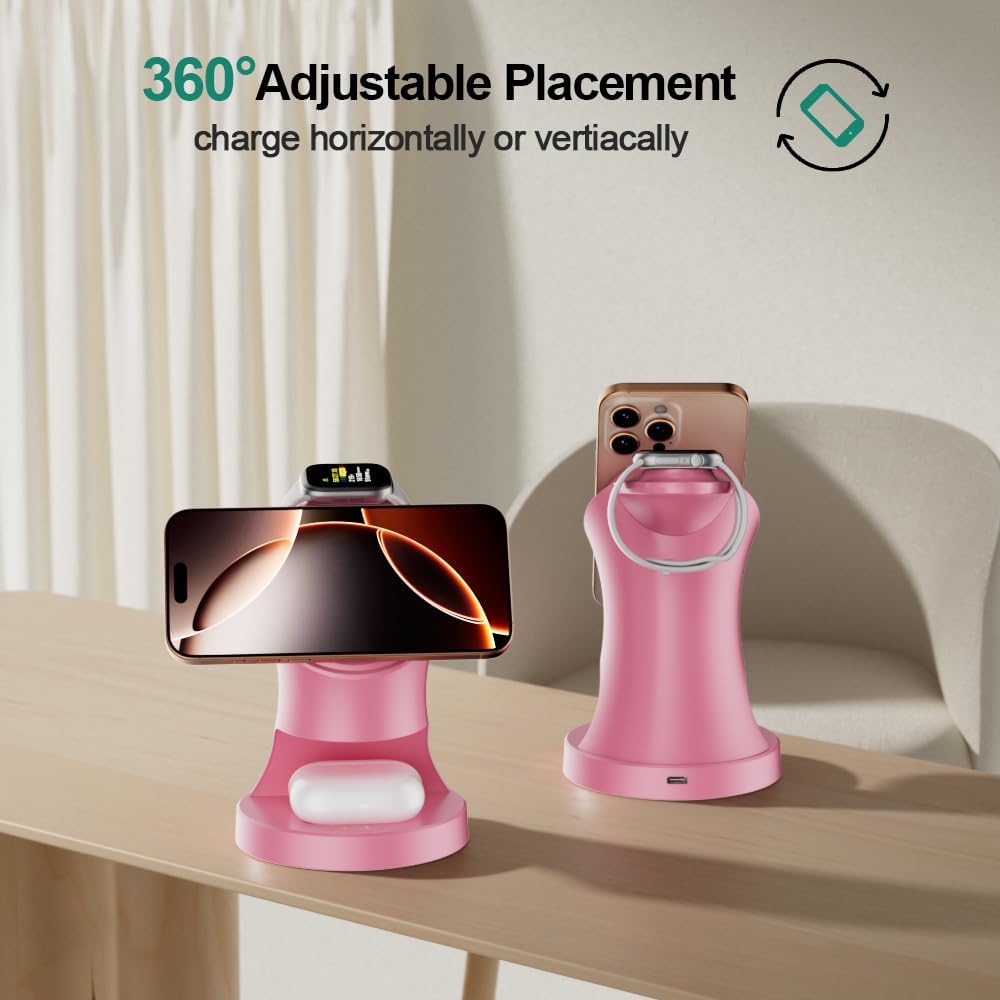 Wireless Charger,3 in 1 Magnetic Wireless Charger Stand, Fast Wireless Charging Dock for iPhone17/16/15/14/13/12 Series, Apple Watch Series, AirPods Pro.