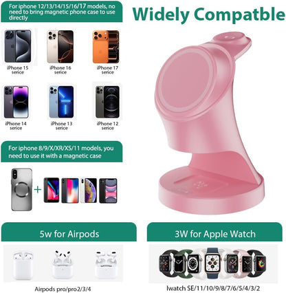 Wireless Charger,3 in 1 Magnetic Wireless Charger Stand, Fast Wireless Charging Dock for iPhone17/16/15/14/13/12 Series, Apple Watch Series, AirPods Pro.
