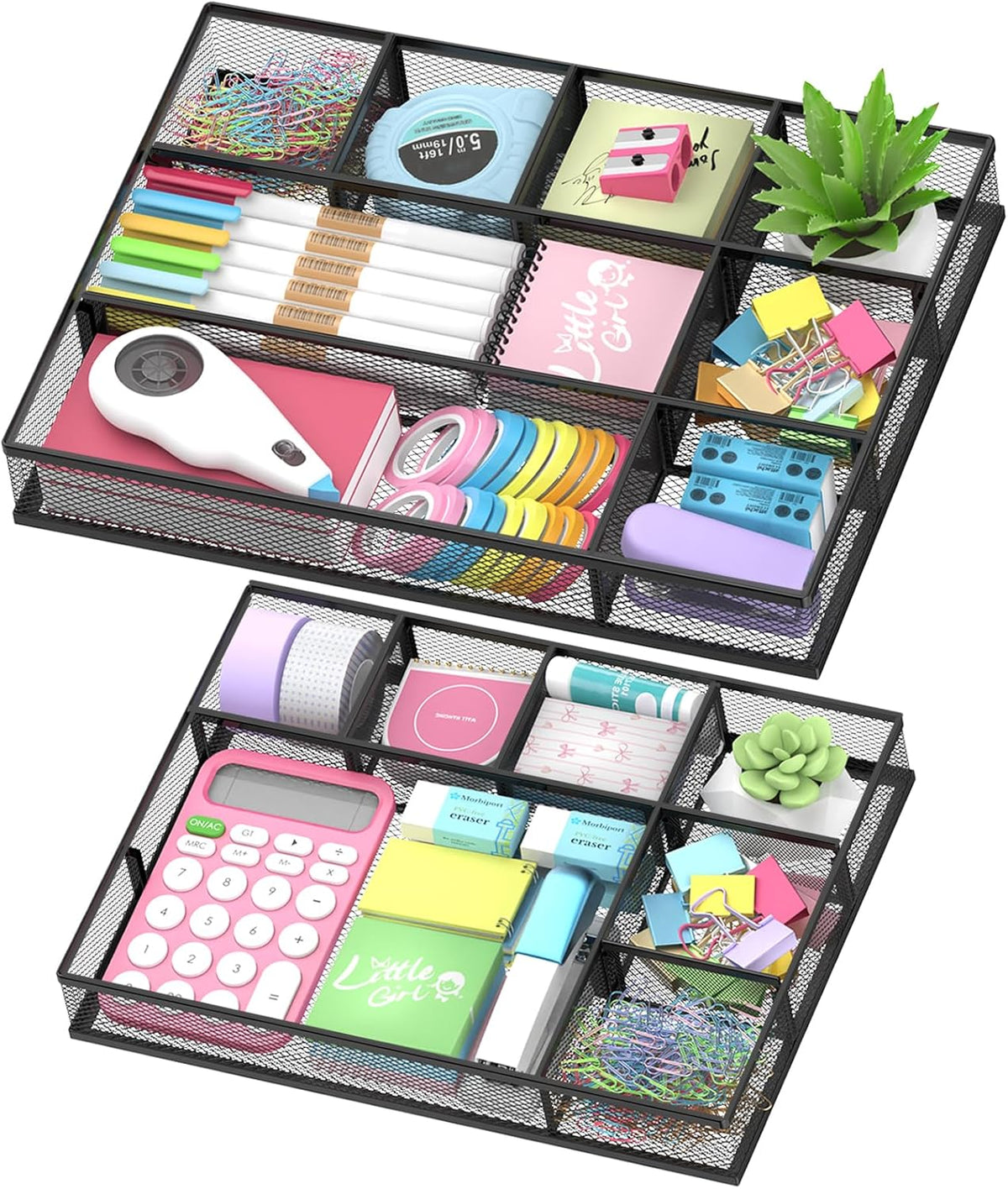 2 Pack Mesh Drawer Organizer, Metal Desk Drawer Organizer Tray with 8 Adjustable Compartments, Desk Organizers and Accessories for Office Supplies, Kitchen, Makeup & Vanity (Black)