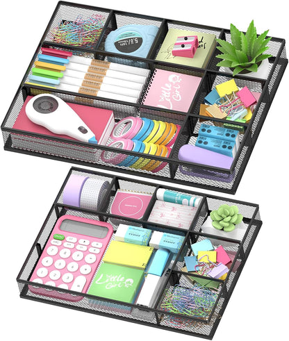 2 Pack Mesh Drawer Organizer, Metal Desk Drawer Organizer Tray with 8 Adjustable Compartments, Desk Organizers and Accessories for Office Supplies, Kitchen, Makeup & Vanity (Black)