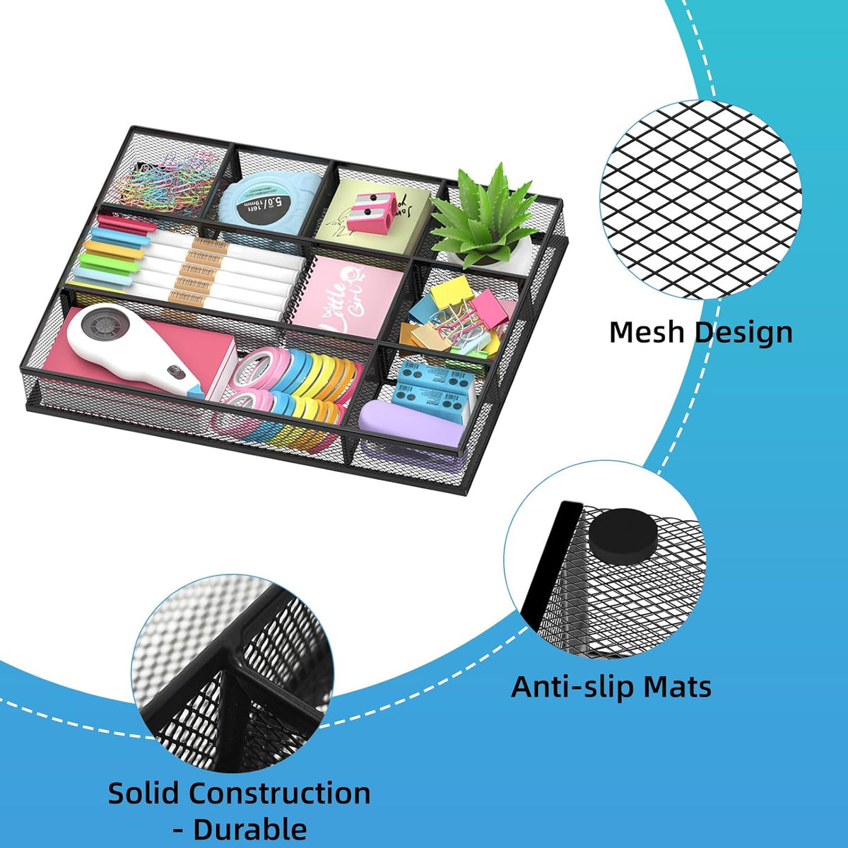 2 Pack Mesh Drawer Organizer, Metal Desk Drawer Organizer Tray with 8 Adjustable Compartments, Desk Organizers and Accessories for Office Supplies, Kitchen, Makeup & Vanity (Black)