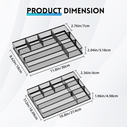 2 Pack Mesh Drawer Organizer, Metal Desk Drawer Organizer Tray with 8 Adjustable Compartments, Desk Organizers and Accessories for Office Supplies, Kitchen, Makeup & Vanity (Black)