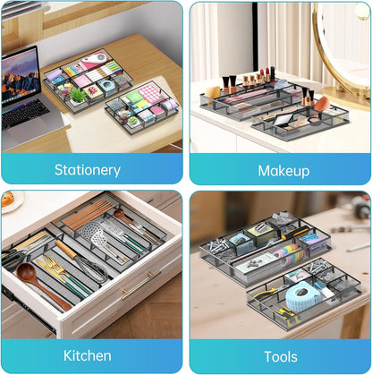 2 Pack Mesh Drawer Organizer, Metal Desk Drawer Organizer Tray with 8 Adjustable Compartments, Desk Organizers and Accessories for Office Supplies, Kitchen, Makeup & Vanity (Black)
