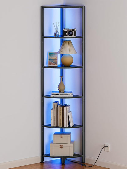 6 Tier Corner Shelf with LED Light, 67.5" Black Narrow Bookshelf