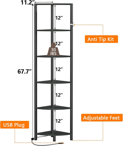 6 Tier Corner Shelf with LED Light, 67.5" Black Narrow Bookshelf