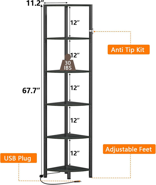 6 Tier Corner Shelf with LED Light, 67.5" Black Narrow Bookshelf
