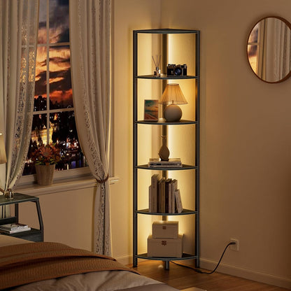 6 Tier Corner Shelf with LED Light, 67.5" Black Narrow Bookshelf