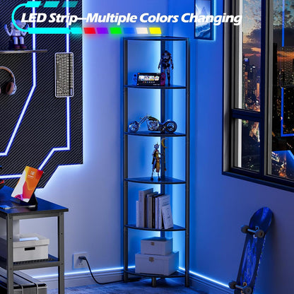 6 Tier Corner Shelf with LED Light, 67.5" Black Narrow Bookshelf