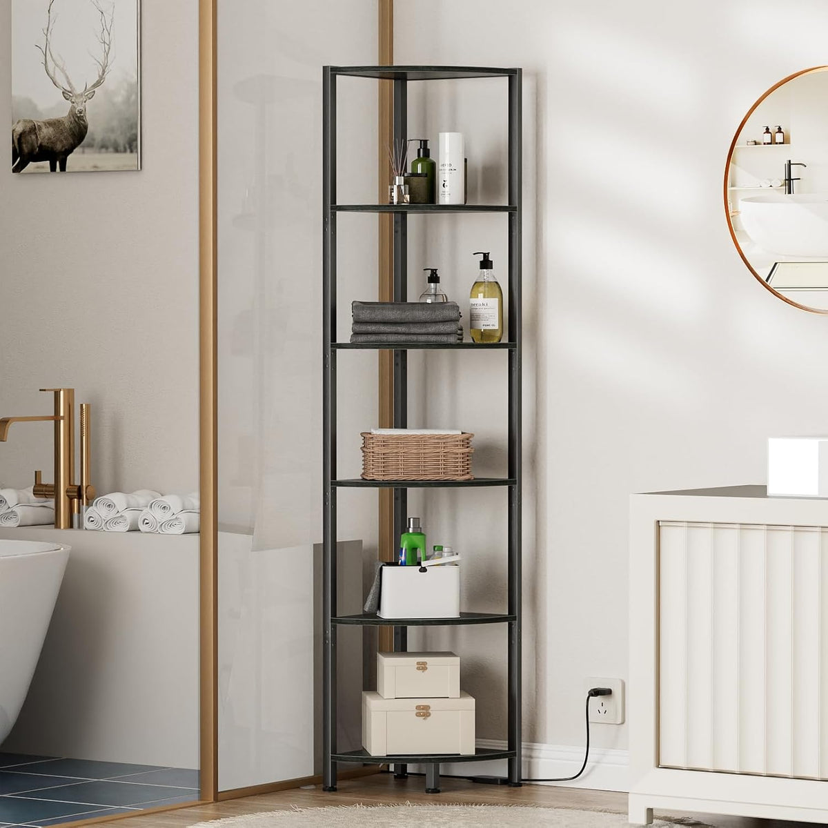 6 Tier Corner Shelf with LED Light, 67.5" Black Narrow Bookshelf