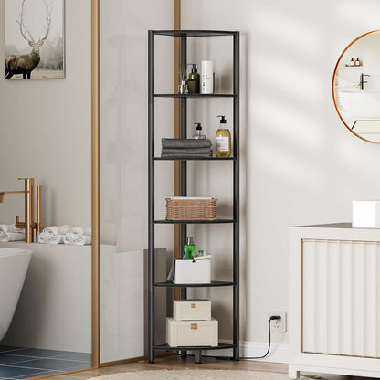 6 Tier Corner Shelf with LED Light, 67.5" Black Narrow Bookshelf