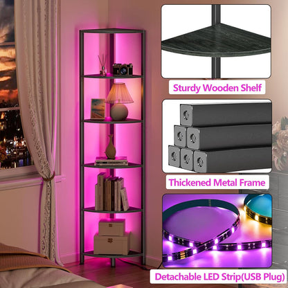 6 Tier Corner Shelf with LED Light, 67.5" Black Narrow Bookshelf