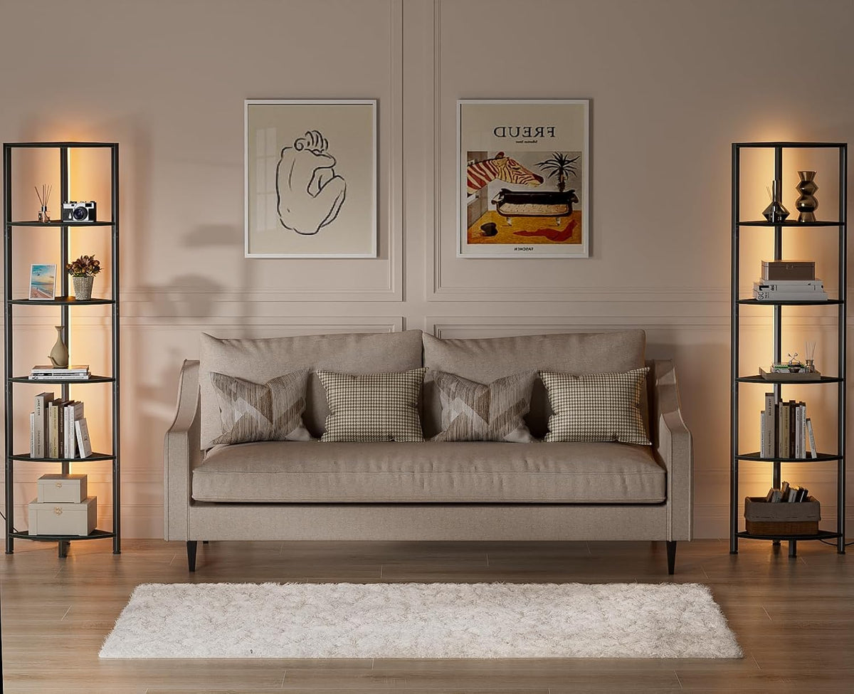 6 Tier Corner Shelf with LED Light, 67.5" Black Narrow Bookshelf