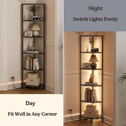 6 Tier Corner Shelf with LED Light, 67.5" Black Narrow Bookshelf
