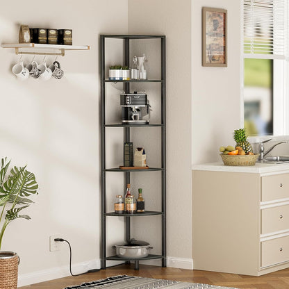 6 Tier Corner Shelf with LED Light, 67.5" Black Narrow Bookshelf