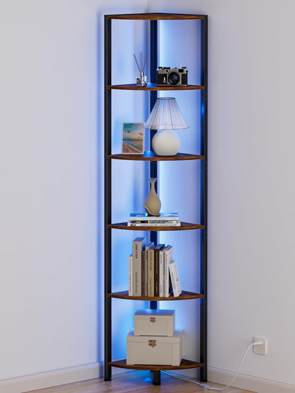 6 Tier Corner Shelf with LED Light, 67.5" Black Narrow Bookshelf