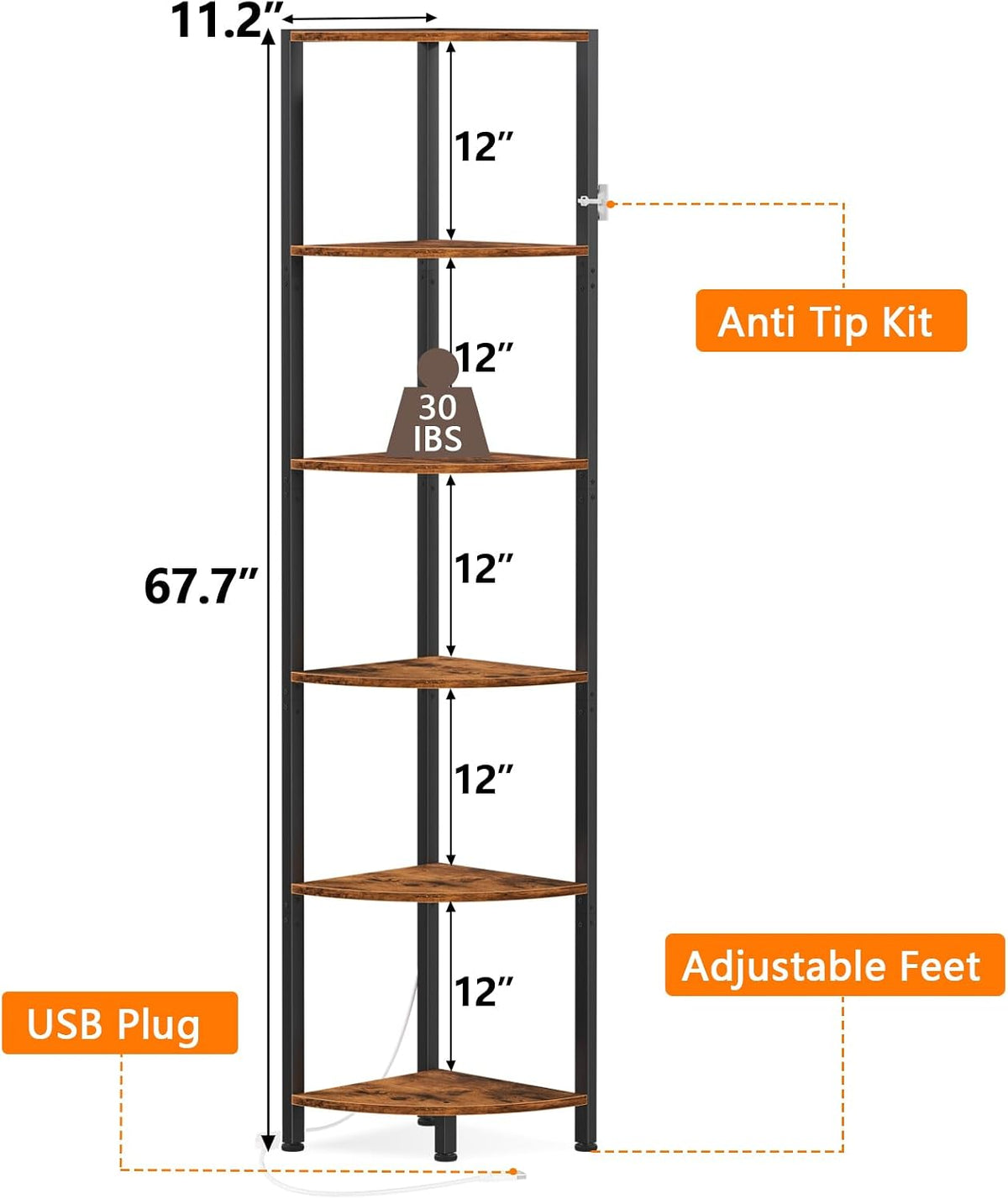 6 Tier Corner Shelf with LED Light, 67.5" Black Narrow Bookshelf