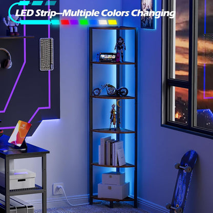 6 Tier Corner Shelf with LED Light, 67.5" Black Narrow Bookshelf