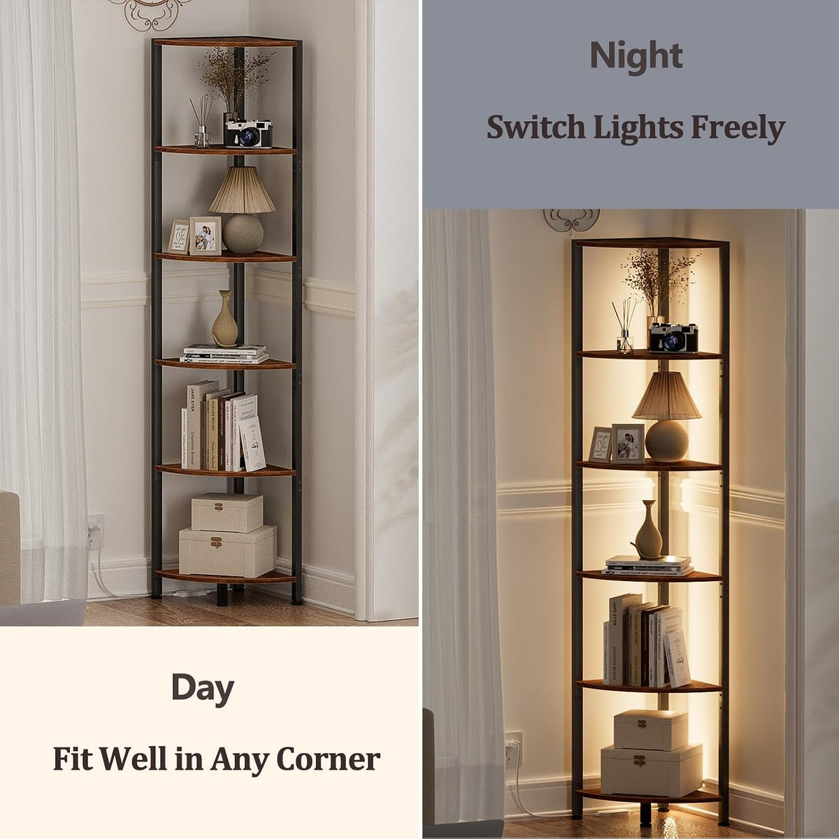 6 Tier Corner Shelf with LED Light, 67.5" Black Narrow Bookshelf