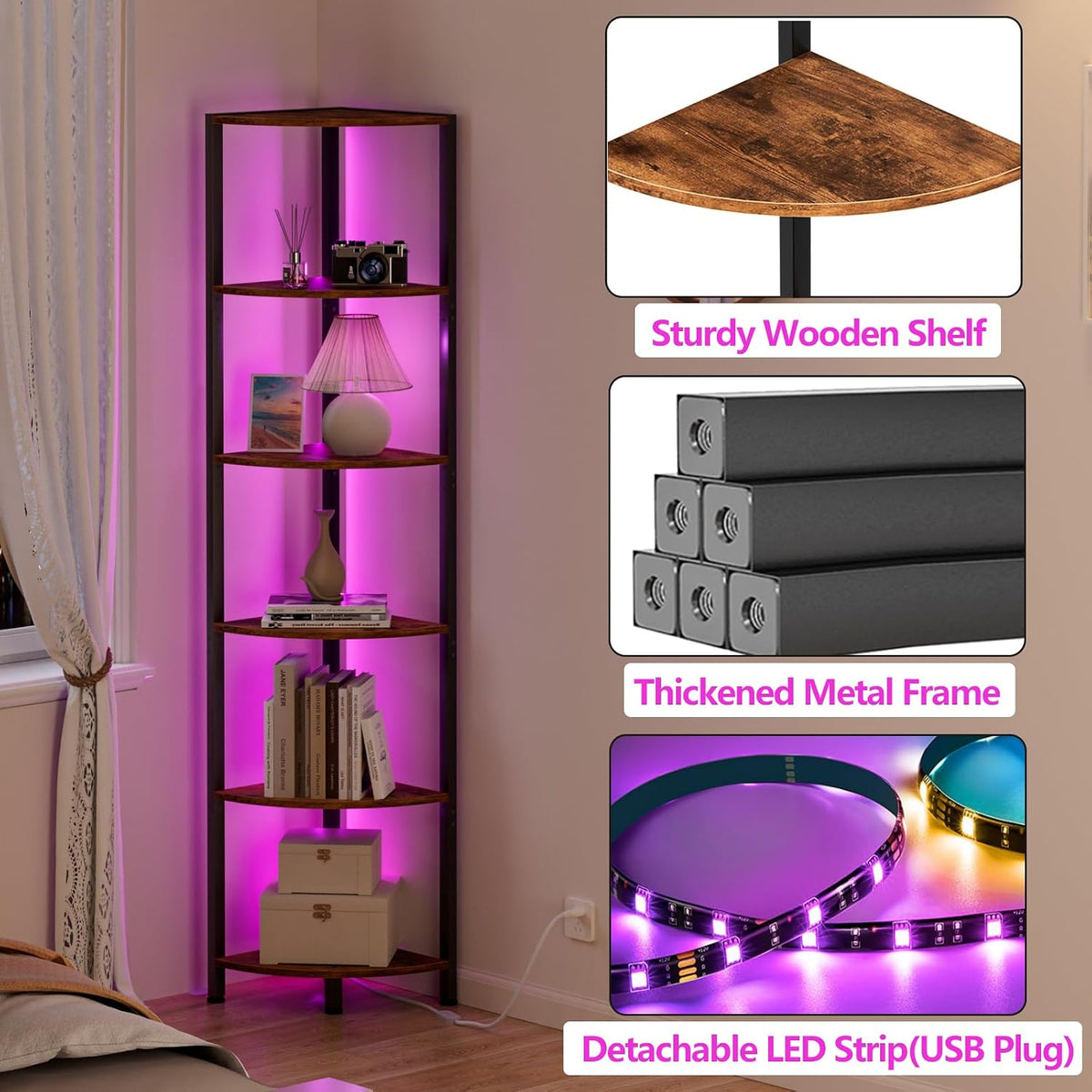 6 Tier Corner Shelf with LED Light, 67.5" Black Narrow Bookshelf
