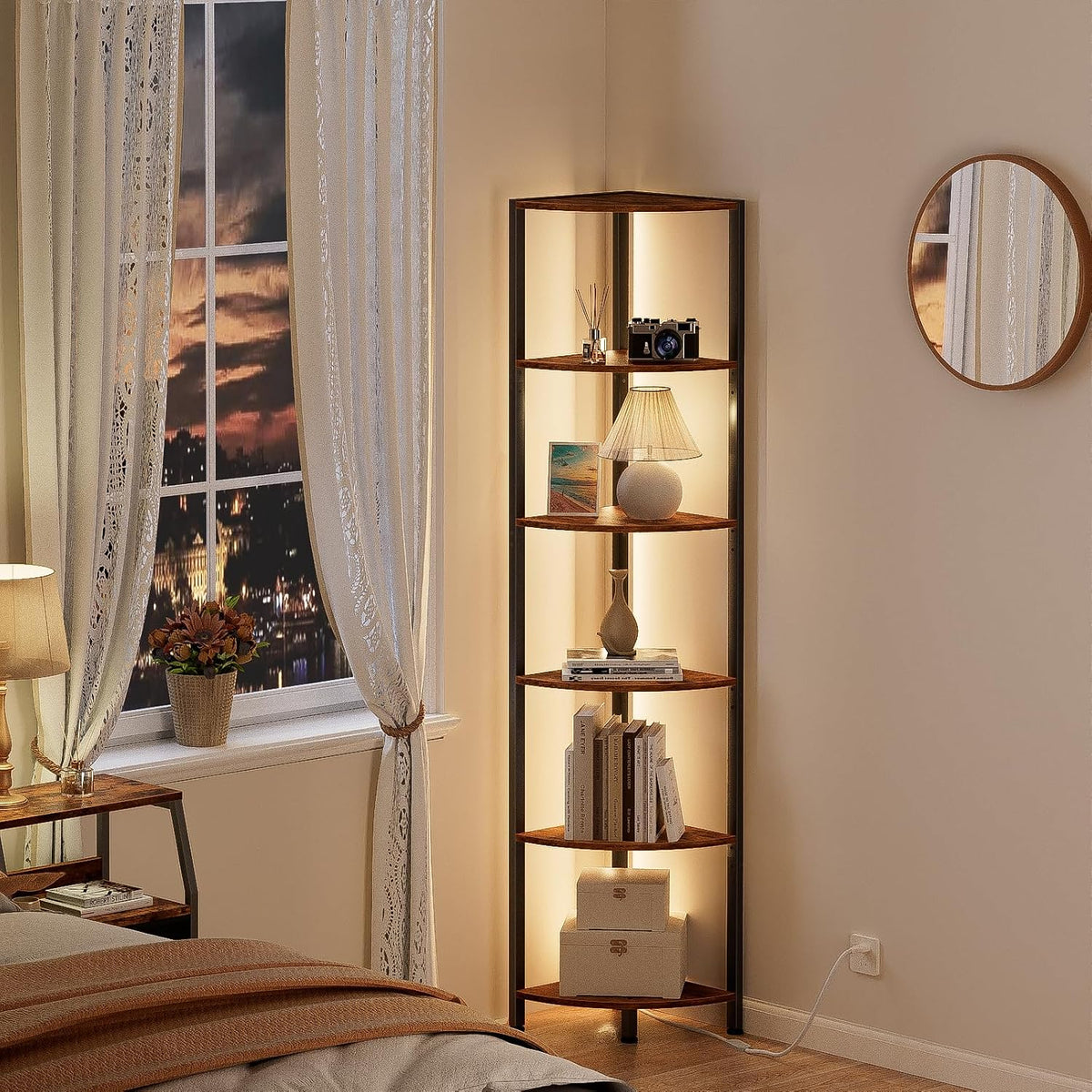 6 Tier Corner Shelf with LED Light, 67.5" Black Narrow Bookshelf