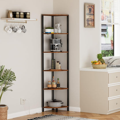 6 Tier Corner Shelf with LED Light, 67.5" Black Narrow Bookshelf