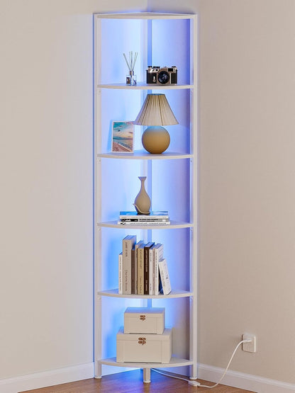 6 Tier Corner Shelf with LED Light, 67.5" Black Narrow Bookshelf