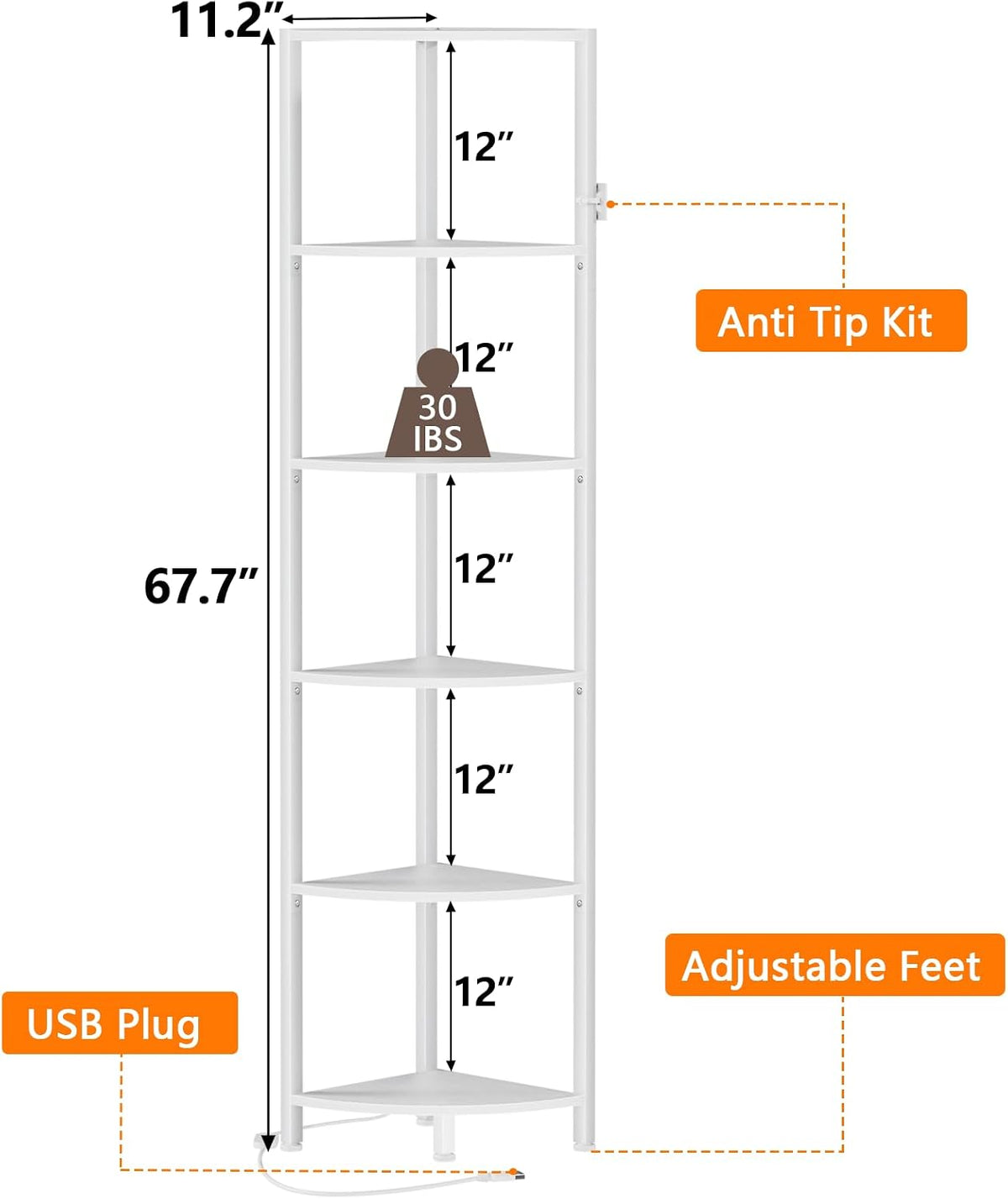 6 Tier Corner Shelf with LED Light, 67.5" Black Narrow Bookshelf
