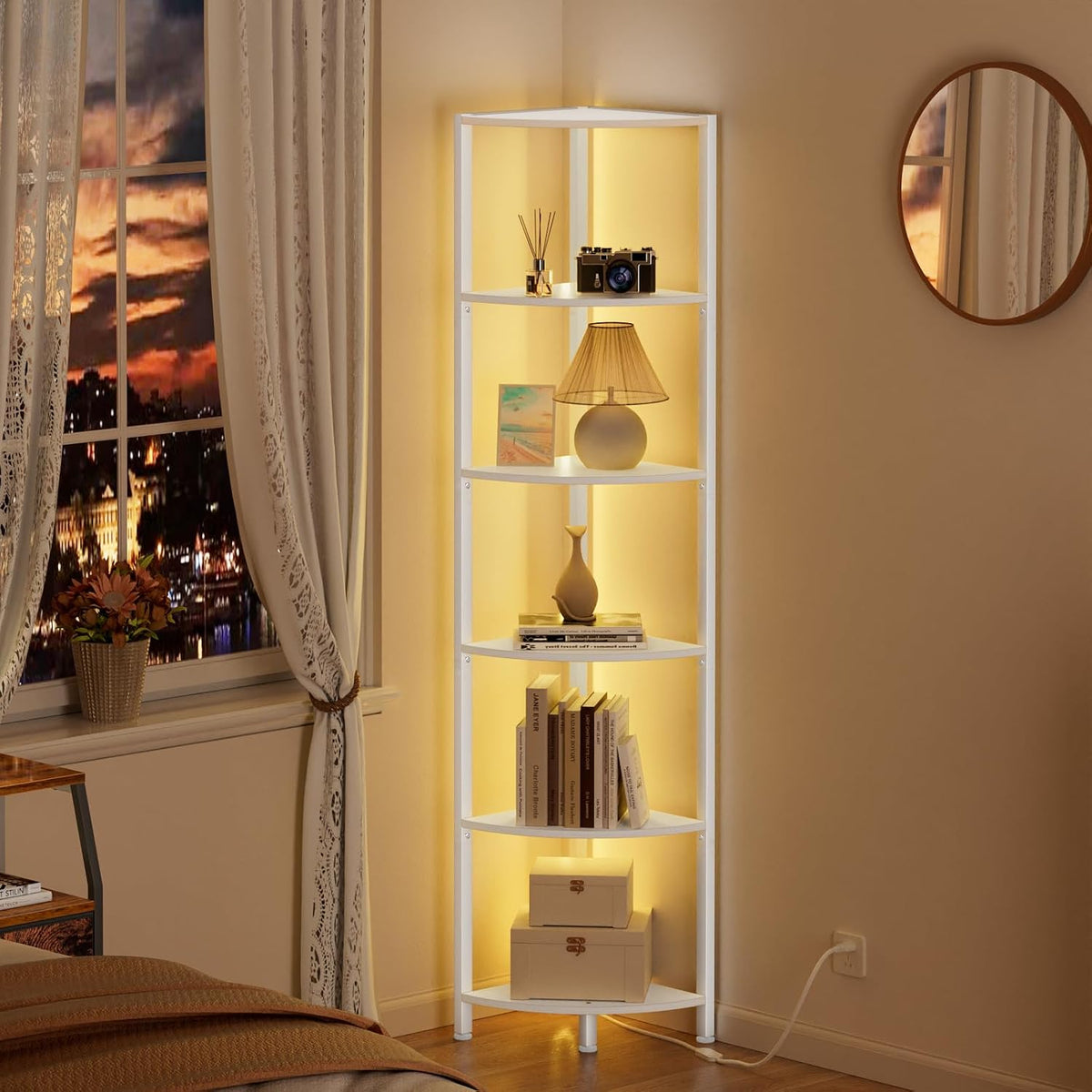 6 Tier Corner Shelf with LED Light, 67.5" Black Narrow Bookshelf