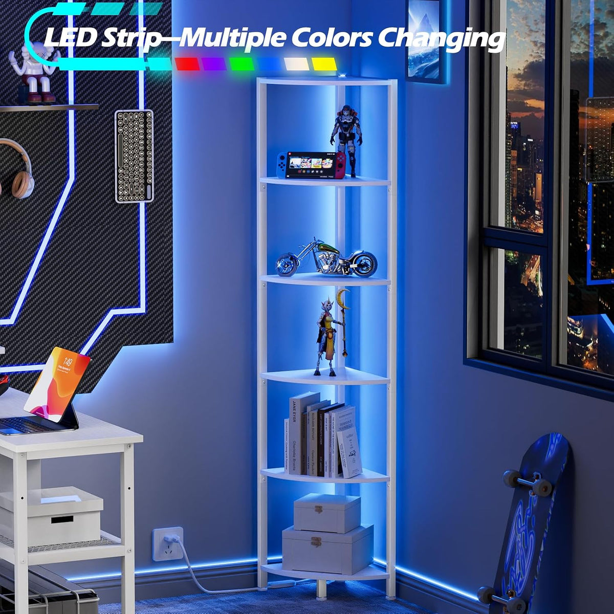 6 Tier Corner Shelf with LED Light, 67.5" Black Narrow Bookshelf