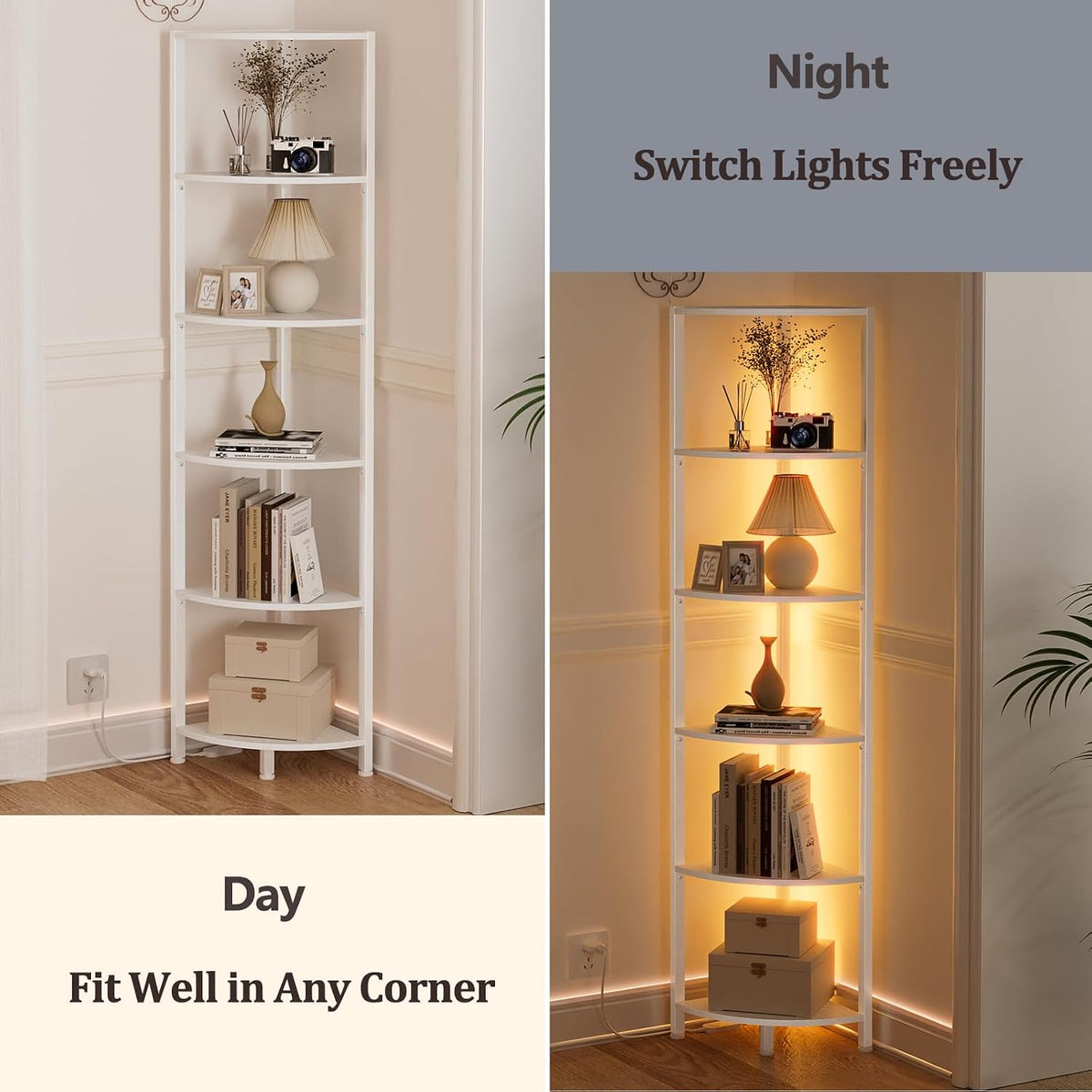 6 Tier Corner Shelf with LED Light, 67.5" Black Narrow Bookshelf