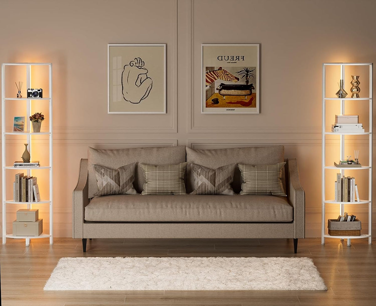 6 Tier Corner Shelf with LED Light, 67.5" Black Narrow Bookshelf