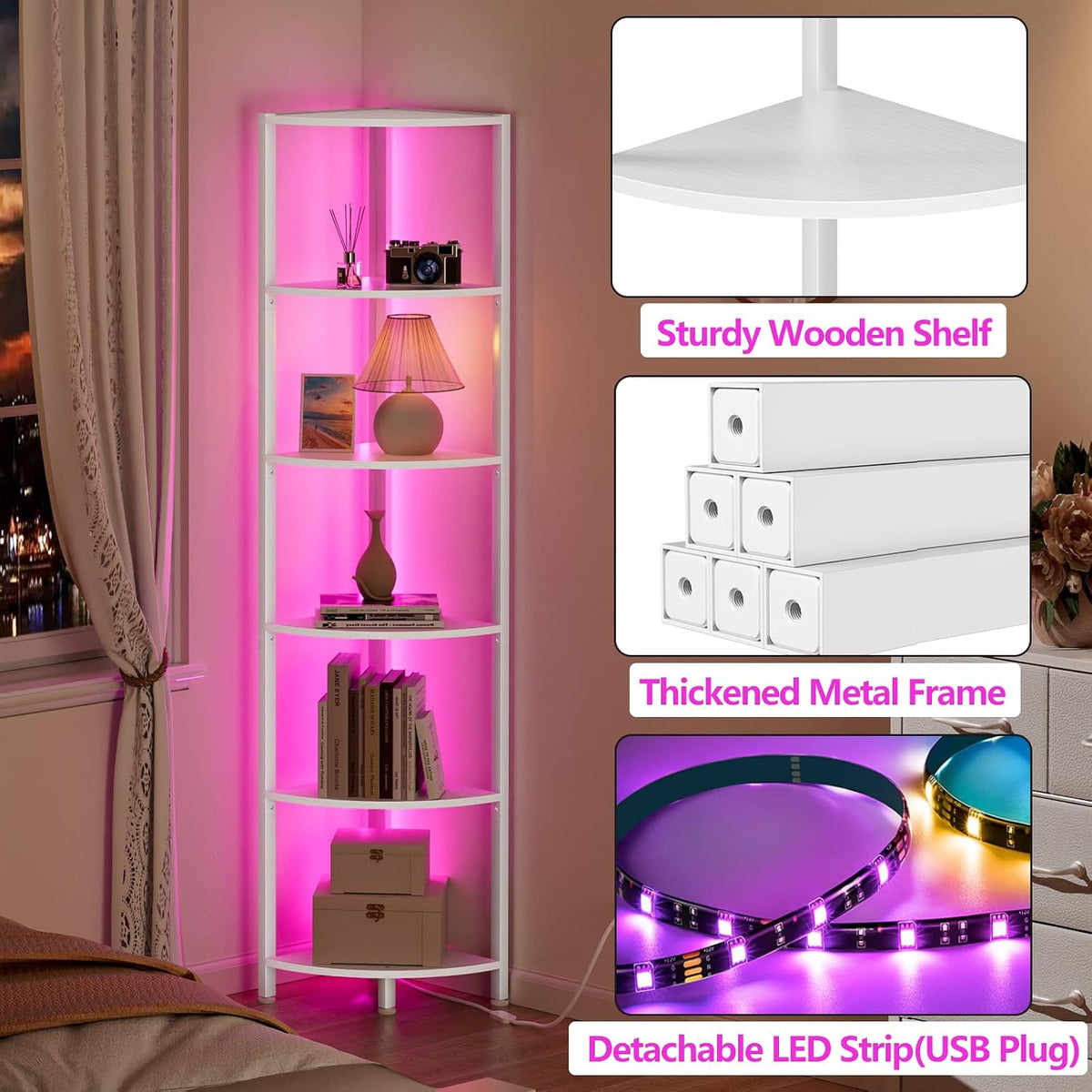 6 Tier Corner Shelf with LED Light, 67.5" Black Narrow Bookshelf
