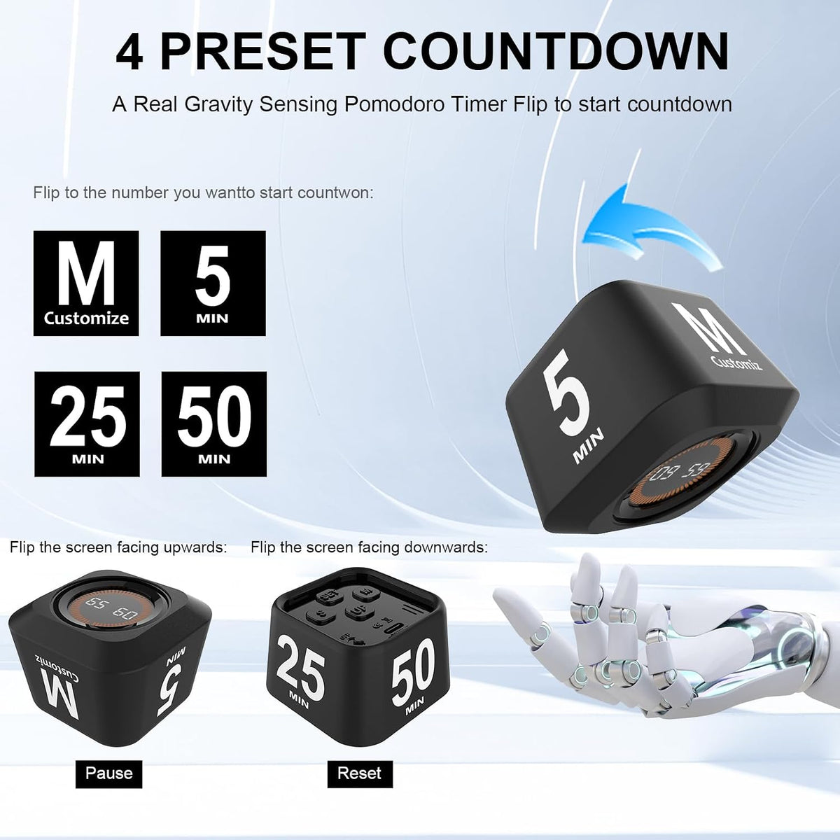 Rotating Cube Visual Countdown Timer 5, 25, 10, 50 Min Preset+Custom Mode