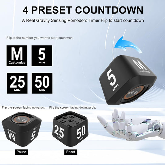 Rotating Cube Visual Countdown Timer 5, 25, 10, 50 Min Preset+Custom Mode
