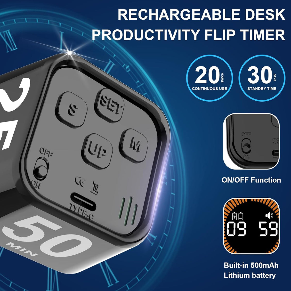 Rotating Cube Visual Countdown Timer 5, 25, 10, 50 Min Preset+Custom Mode