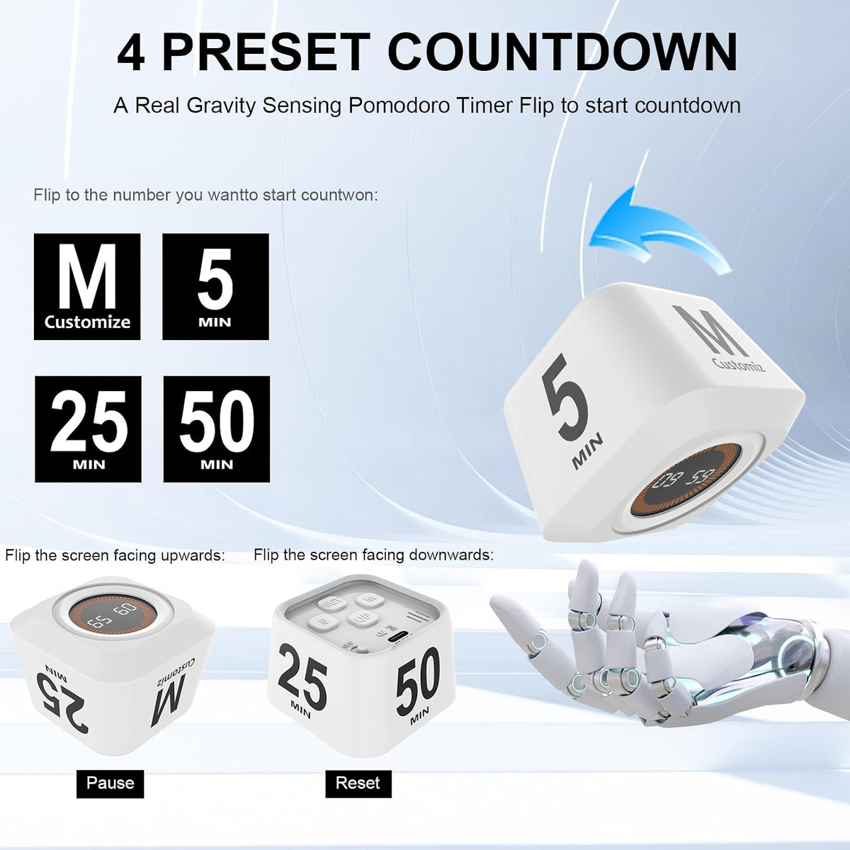 Rotating Cube Visual Countdown Timer 5, 25, 10, 50 Min Preset+Custom Mode