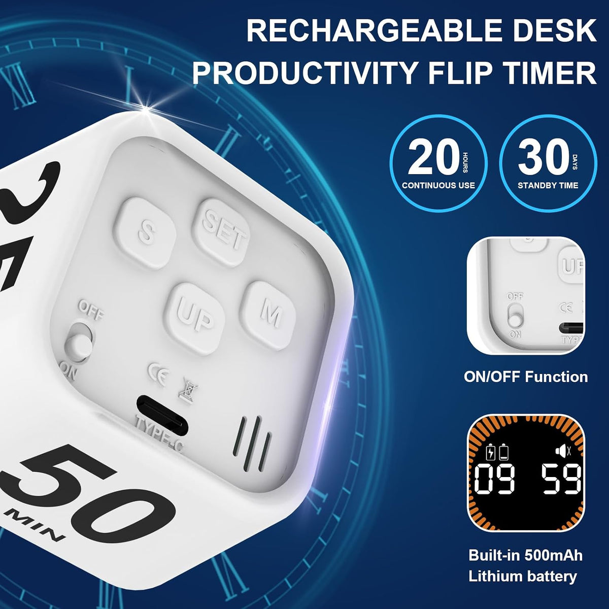 Rotating Cube Visual Countdown Timer 5, 25, 10, 50 Min Preset+Custom Mode