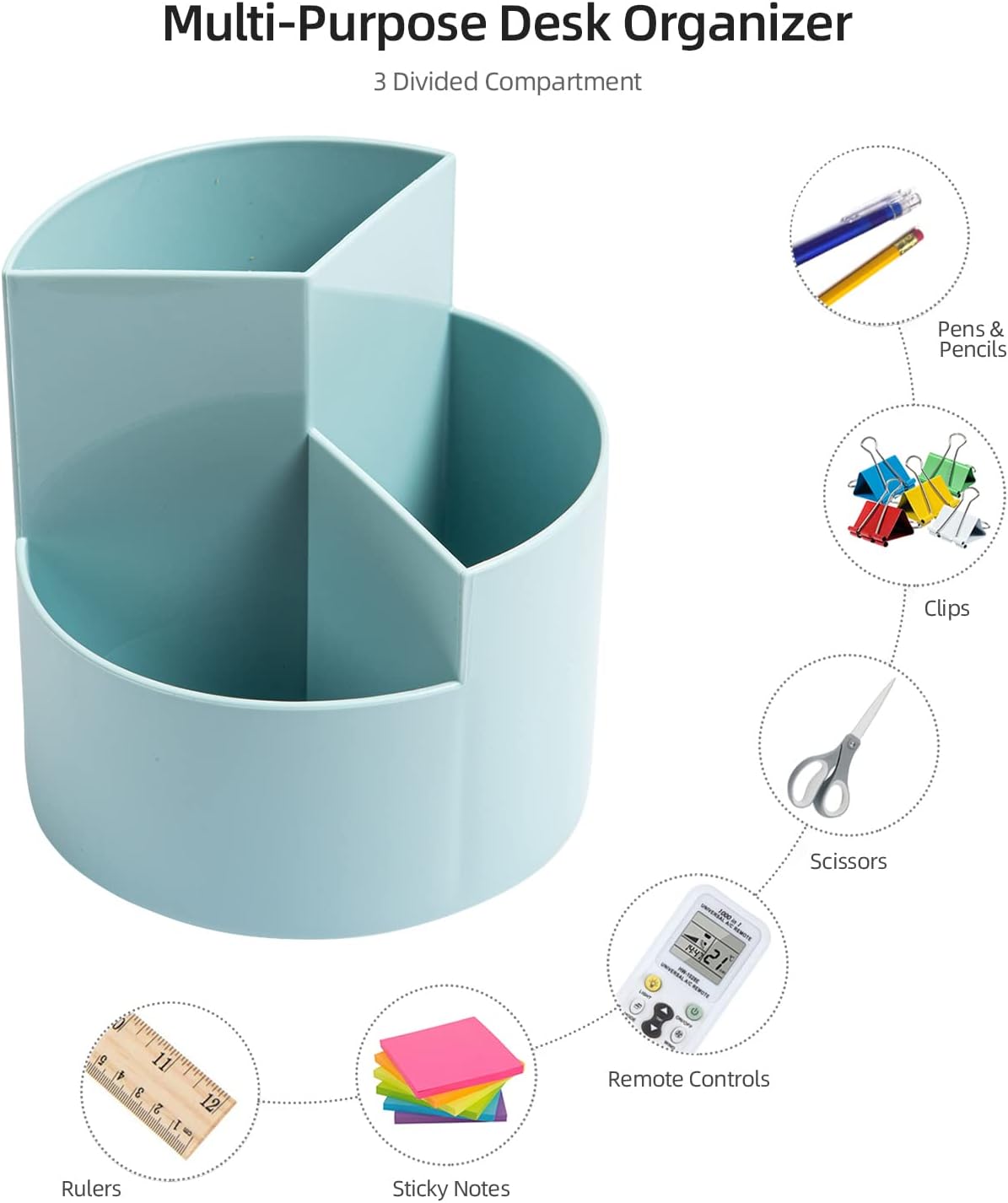 Desk Pencil Pen Holder, 3 Slots 360-Degree Spinning Organizers, Desktop Storage Stationery Supplies, Cute Cup Pot for Office, School, Art Supply, Kids - White
