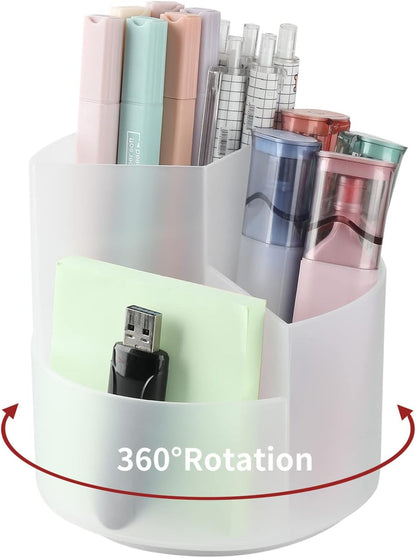 Desk Pencil Pen Holder, 3 Slots 360-Degree Spinning Organizers, Desktop Storage Stationery Supplies, Cute Cup Pot for Office, School, Art Supply, Kids - White