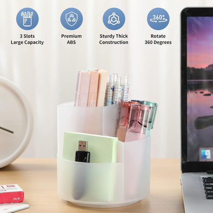 Desk Pencil Pen Holder, 3 Slots 360-Degree Spinning Organizers, Desktop Storage Stationery Supplies, Cute Cup Pot for Office, School, Art Supply, Kids - White