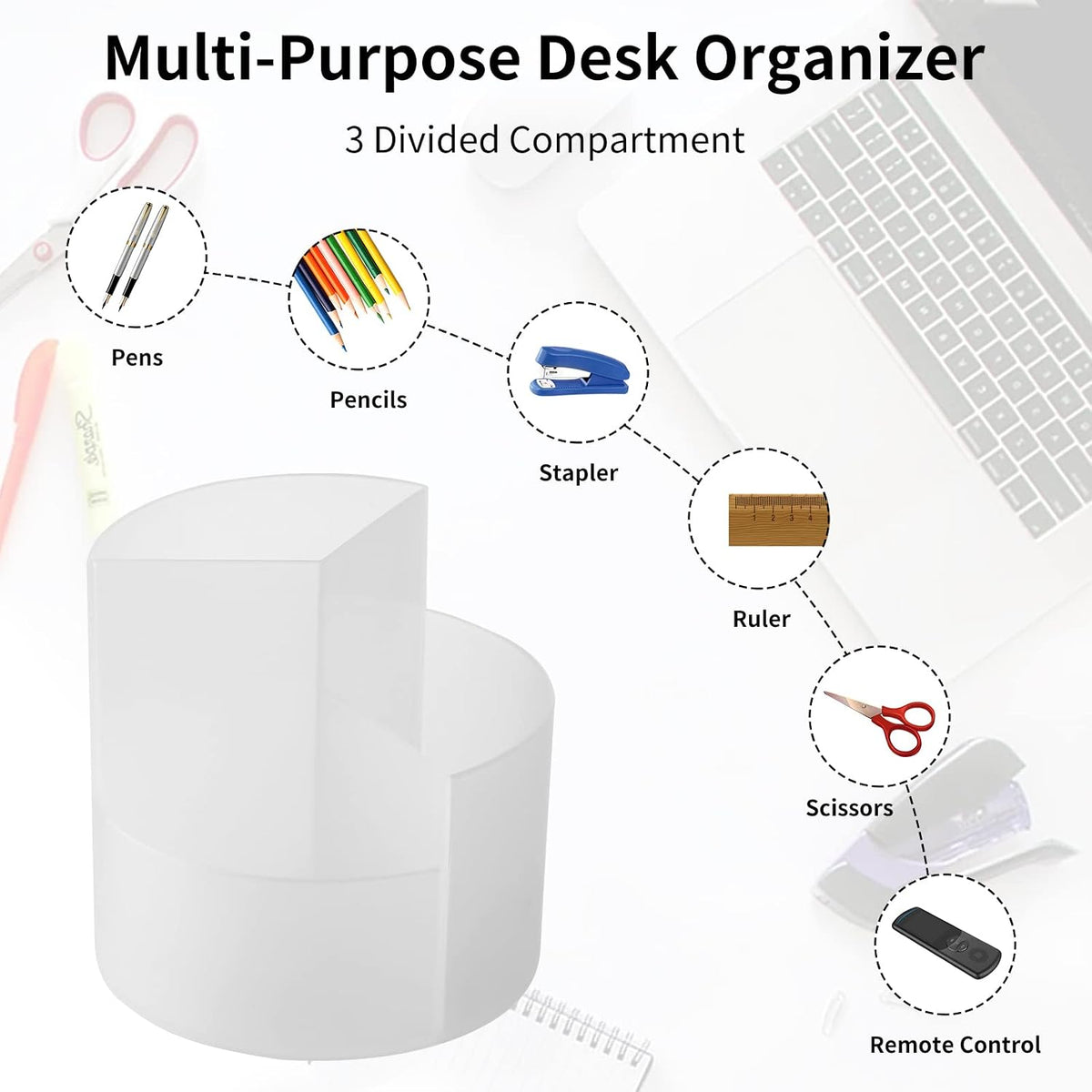 Desk Pencil Pen Holder, 3 Slots 360-Degree Spinning Organizers, Desktop Storage Stationery Supplies, Cute Cup Pot for Office, School, Art Supply, Kids - White