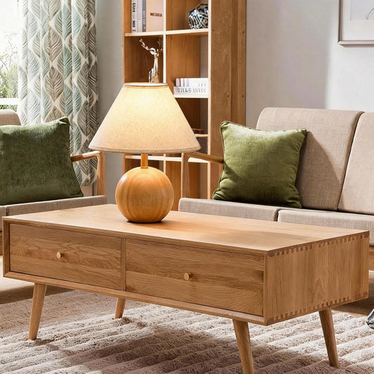 Wood Table Lamp for Bedroom, Flaxen Fabric Shade Small Desk Lamp for Living Room,Décor Ambient Bedside Lamps for Night Stands,LED Bulb (not Included)