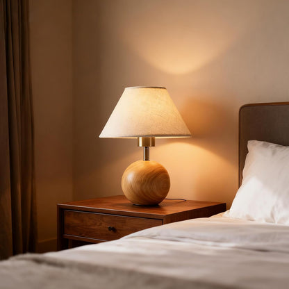 Wood Table Lamp for Bedroom, Flaxen Fabric Shade Small Desk Lamp for Living Room,Décor Ambient Bedside Lamps for Night Stands,LED Bulb (not Included)
