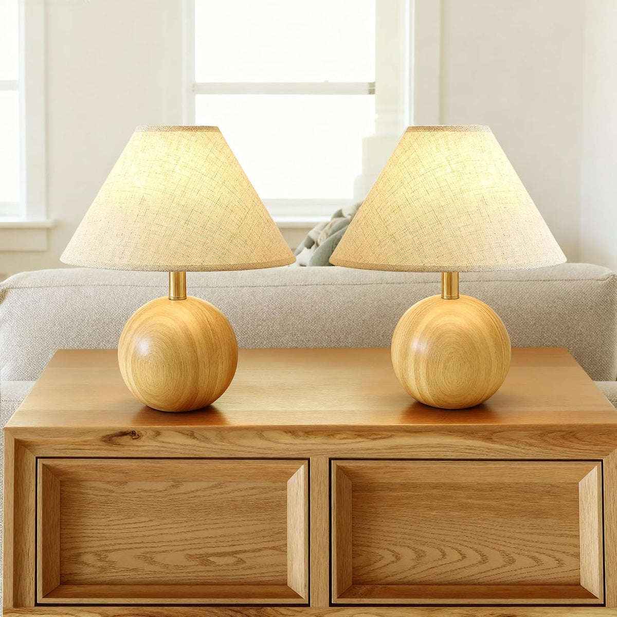 Wood Table Lamp for Bedroom, Flaxen Fabric Shade Small Desk Lamp for Living Room,Décor Ambient Bedside Lamps for Night Stands,LED Bulb (not Included)