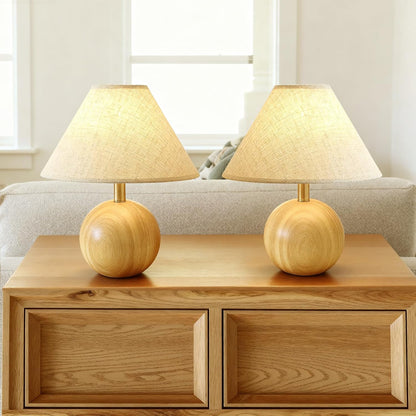 Wood Table Lamp for Bedroom, Flaxen Fabric Shade Small Desk Lamp for Living Room,Décor Ambient Bedside Lamps for Night Stands,LED Bulb (not Included)
