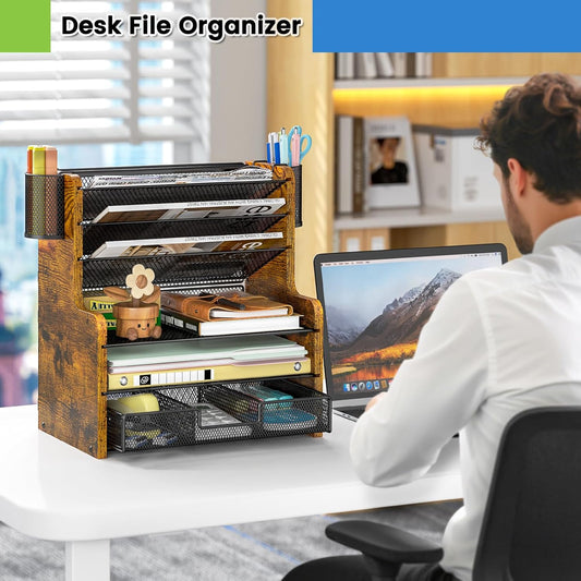 6-Tier Mesh Desk Organizer with Drawer, Wooden Office Organizer for Papers, Folders & Office Supplies - Sturdy Desktop File Holder with 2 Pen Holders - Space Saving Home Office Accessories