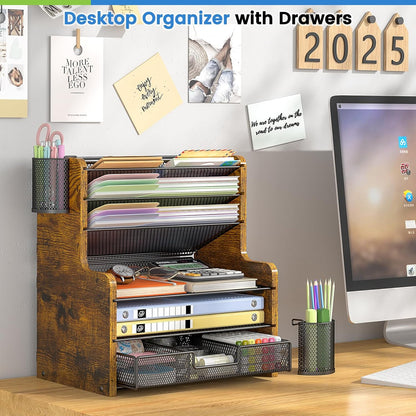 6-Tier Mesh Desk Organizer with Drawer, Wooden Office Organizer for Papers, Folders & Office Supplies - Sturdy Desktop File Holder with 2 Pen Holders - Space Saving Home Office Accessories